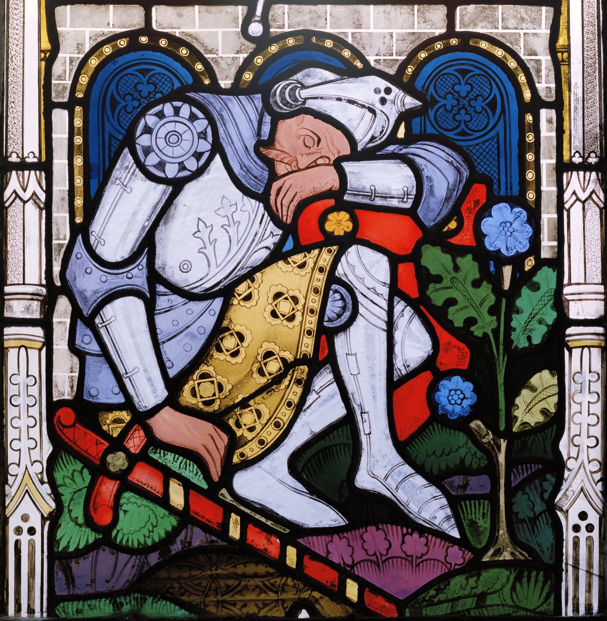 Cavaleiro Adormecido, detalhe da janela da Ressurreição, 1863 (vitral) de John Thomas Grylls