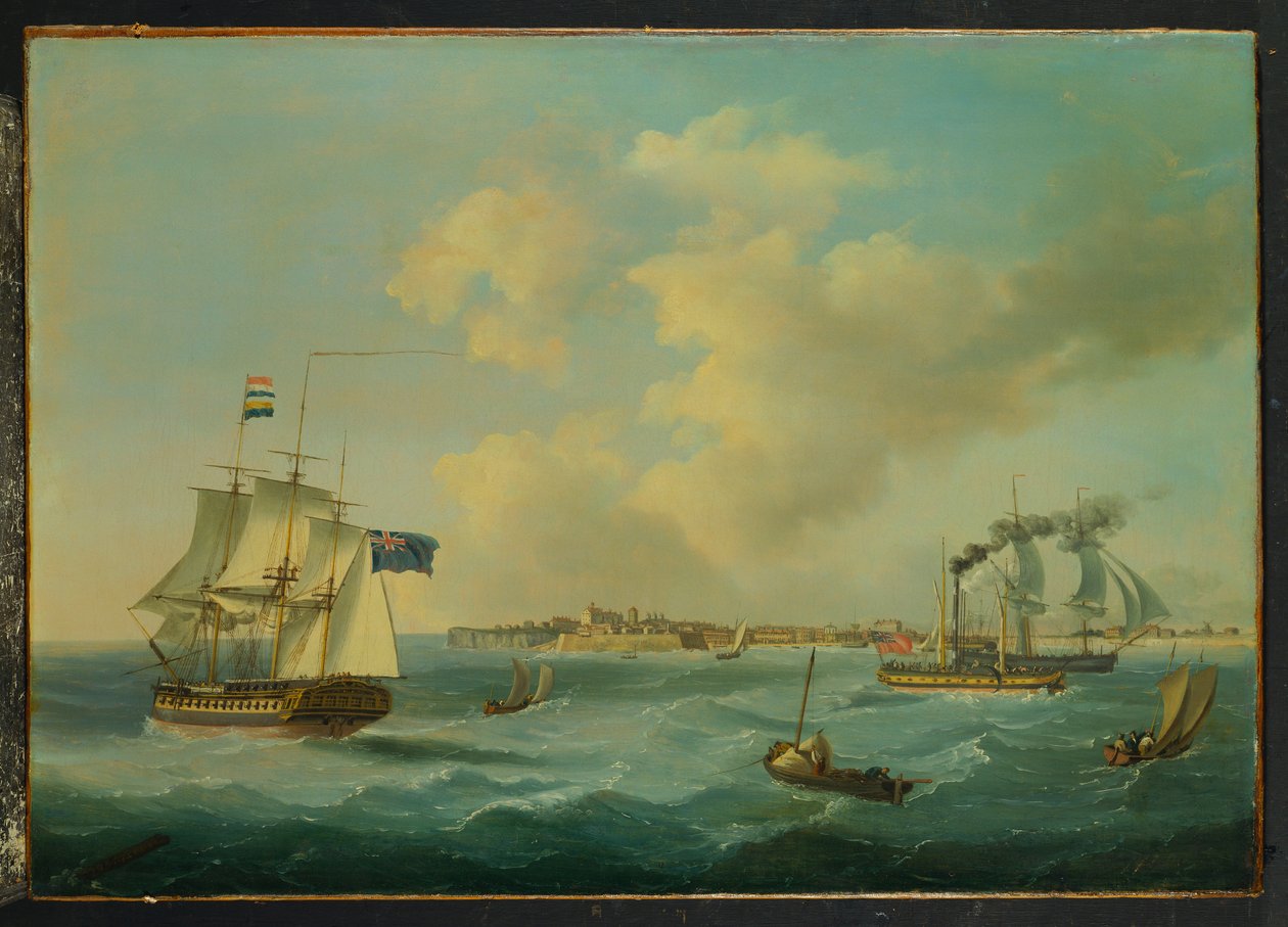 Uma fragata de 44 armas, um navio a remo de passageiros e outro transporte marítimo de St.Peter Port, Guernsey, 1825 de John Thomas Serres