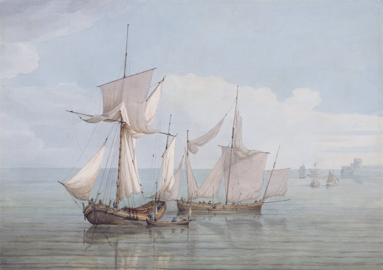Um Hoy e um Lugger com outro transporte em um mar calmo (wc, caneta e tinta preta em papel de wove) de John Thomas Serres