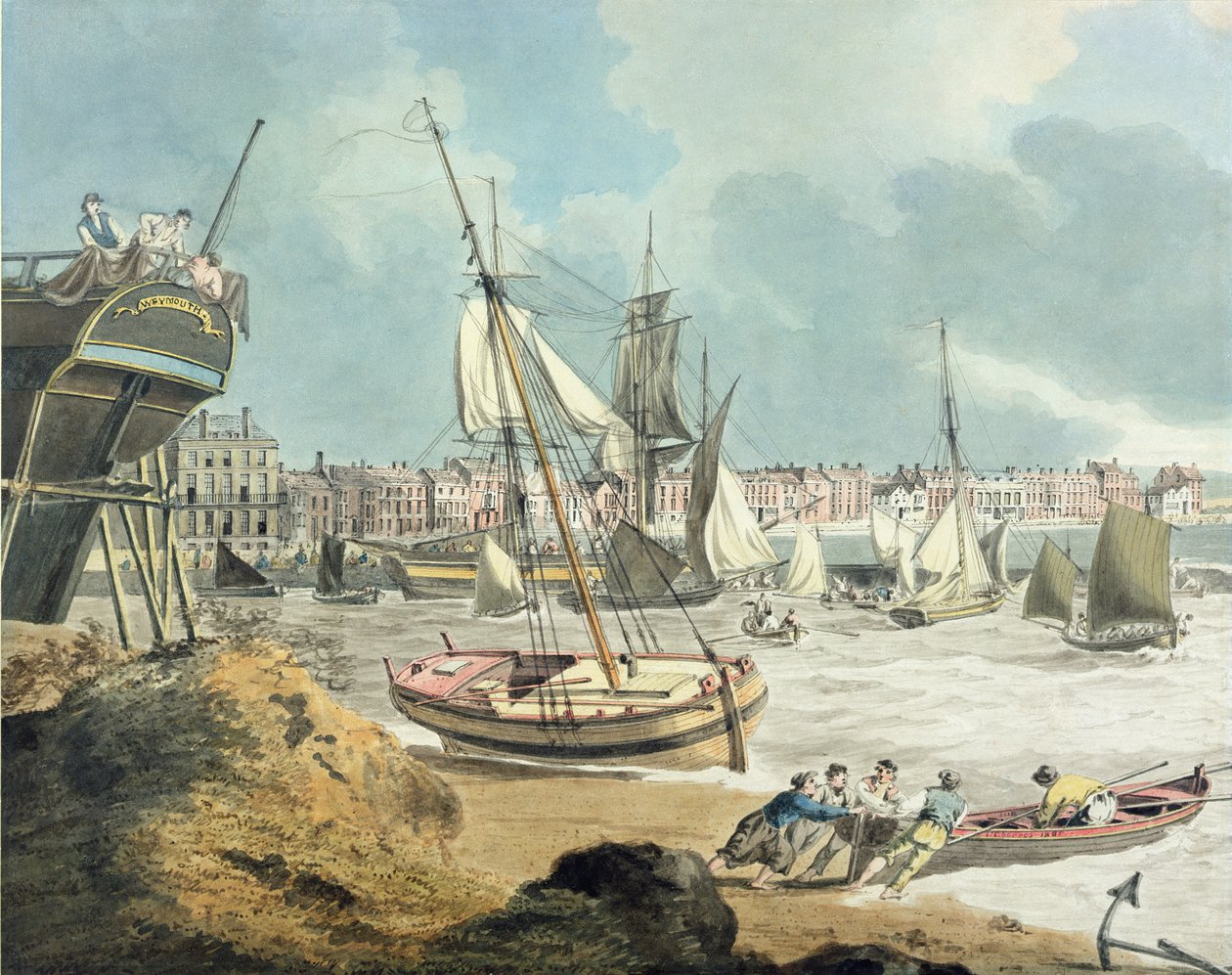 Porto em Weymouth, Dorset, 1805 (caneta, tinta e aquarela sobre papel) de John Thomas Serres