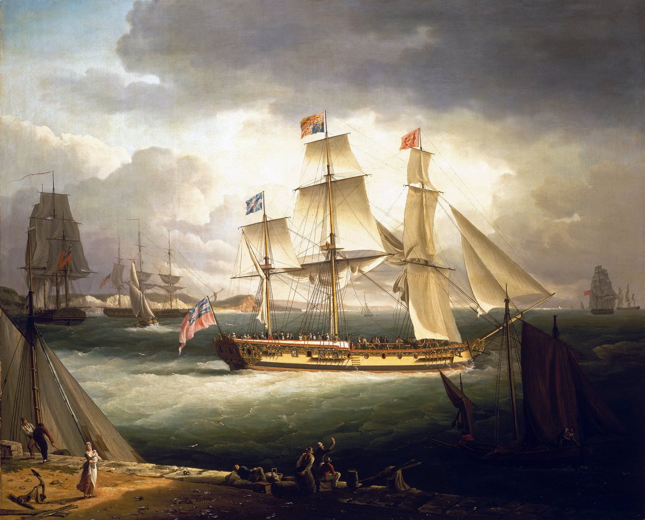 O "Royal Sovereign", um iate real, ancorado ao largo da costa de um porto de John Thomas Serres