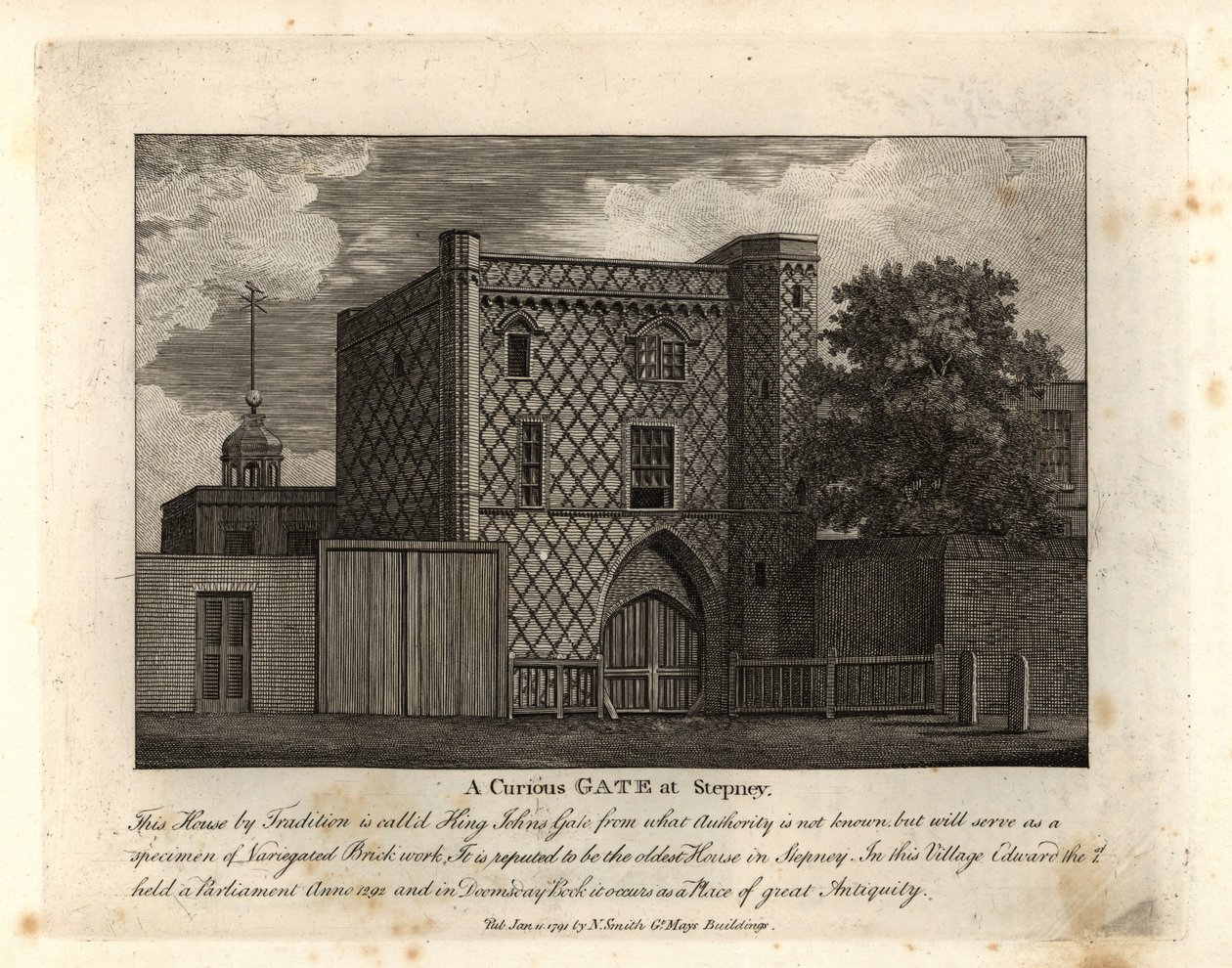 Um curioso portão em alvenaria variegada chamado St John Gate, a casa mais antiga de Stepney. de John Thomas Smith