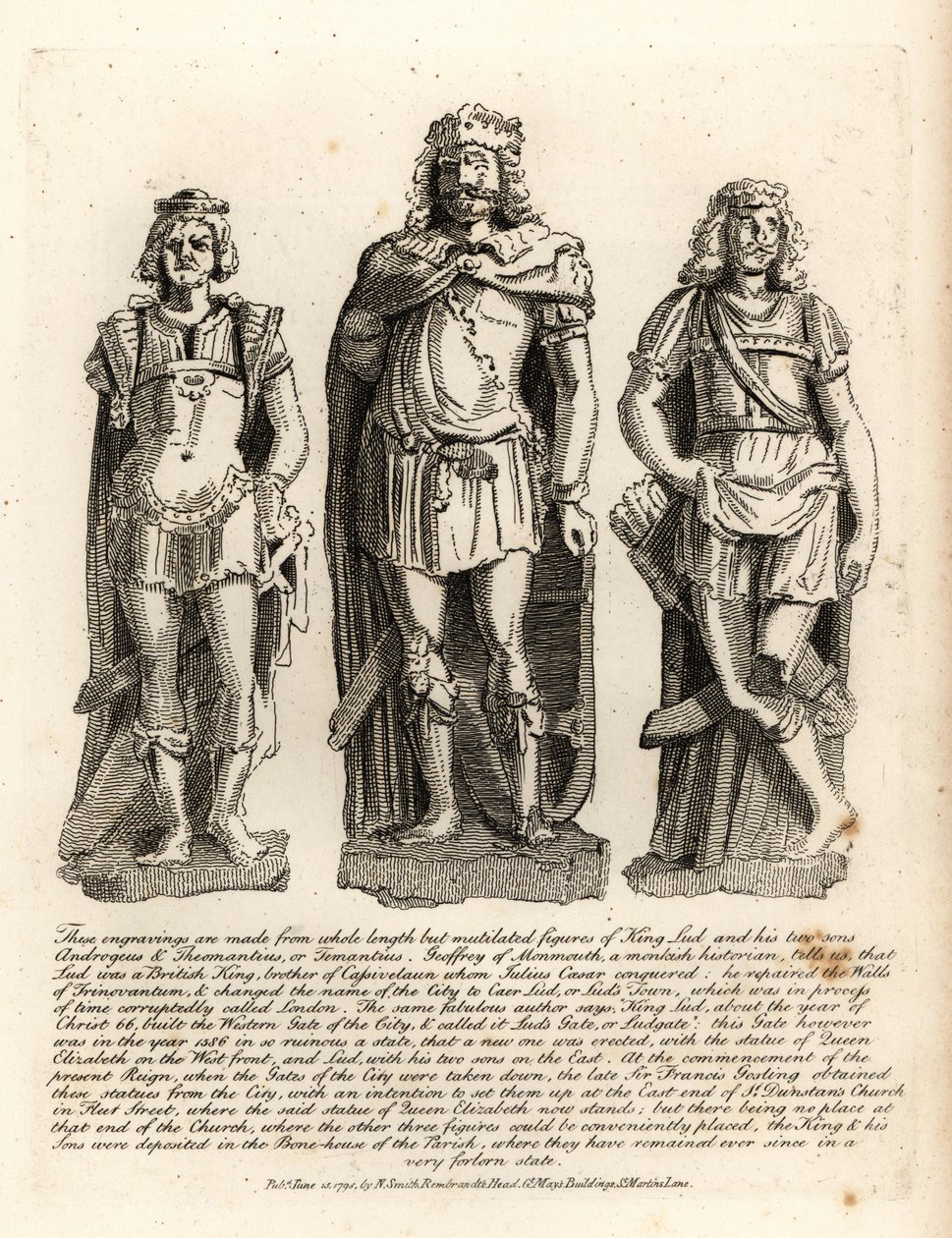 O rei britânico Lud e seus filhos Angrogeus e Theomantius (Temantius), reparador das muralhas de Trinovantum, mais tarde Caer Lud ou Luds Town, 66AD de John Thomas Smith