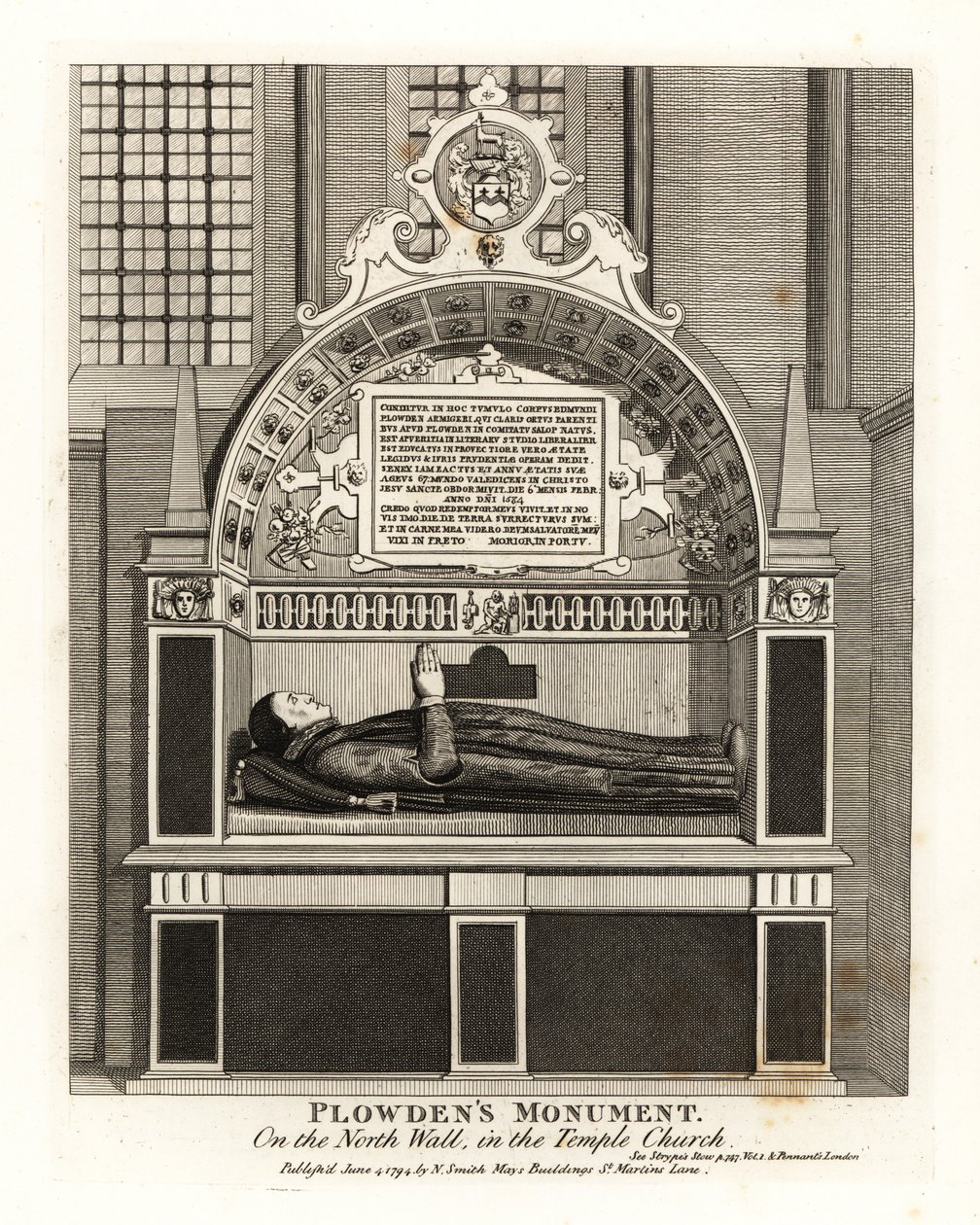 Monumento Edmund Plowdens na parede norte da Igreja do Templo de John Thomas Smith