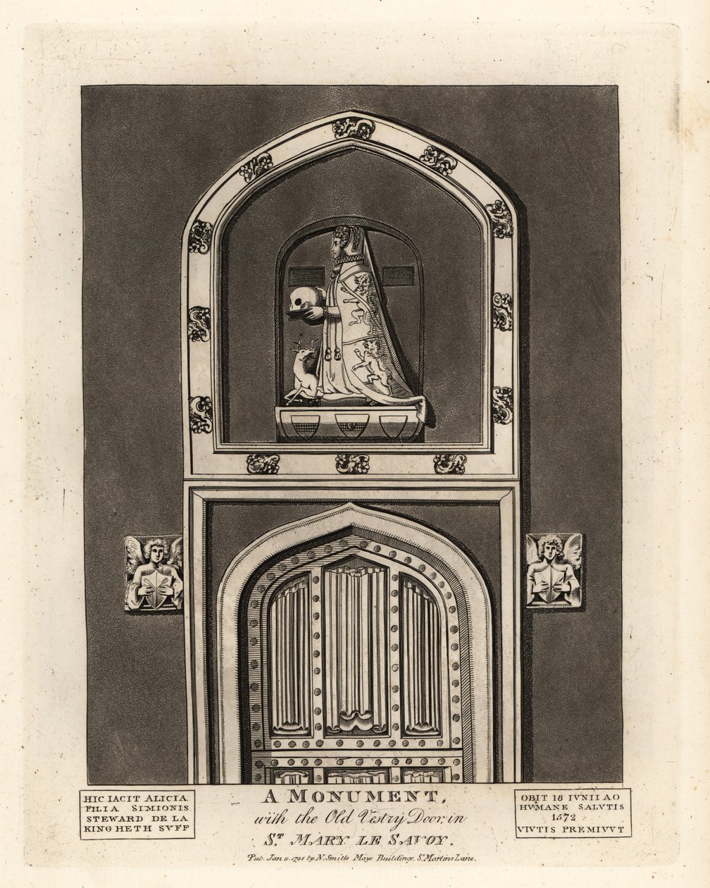 Efígie Túmulo de Alicia, filha de Simon Steward, com a Velha Porta da Véspera em St Mary le Savoy de John Thomas Smith