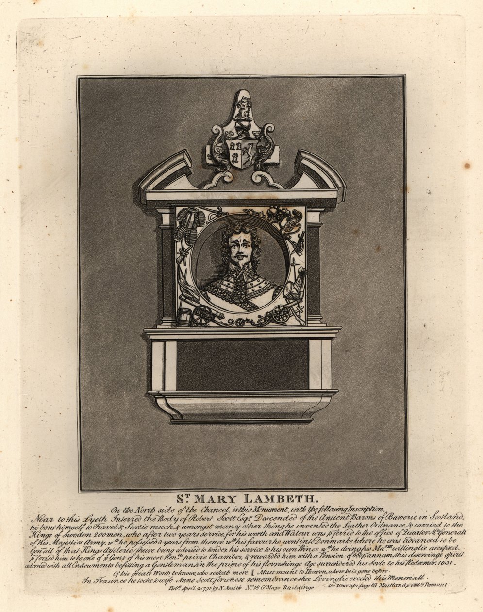 Efígie de Robert Scott, oficial do exército sueco e dinamarquês e inventor militar, morreu em 1631, St Mary Lambeth de John Thomas Smith