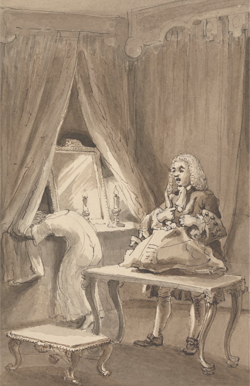 Hogarth depois da sua mulher ter vestido uma camisa de noite nova, amarra as suas coisas para enviar a Sir James Thornhill com uma carta na qual ele lhe dizia: "Ele levou a sua filha sem um beijinho para ela A--e de John Thomas Smith