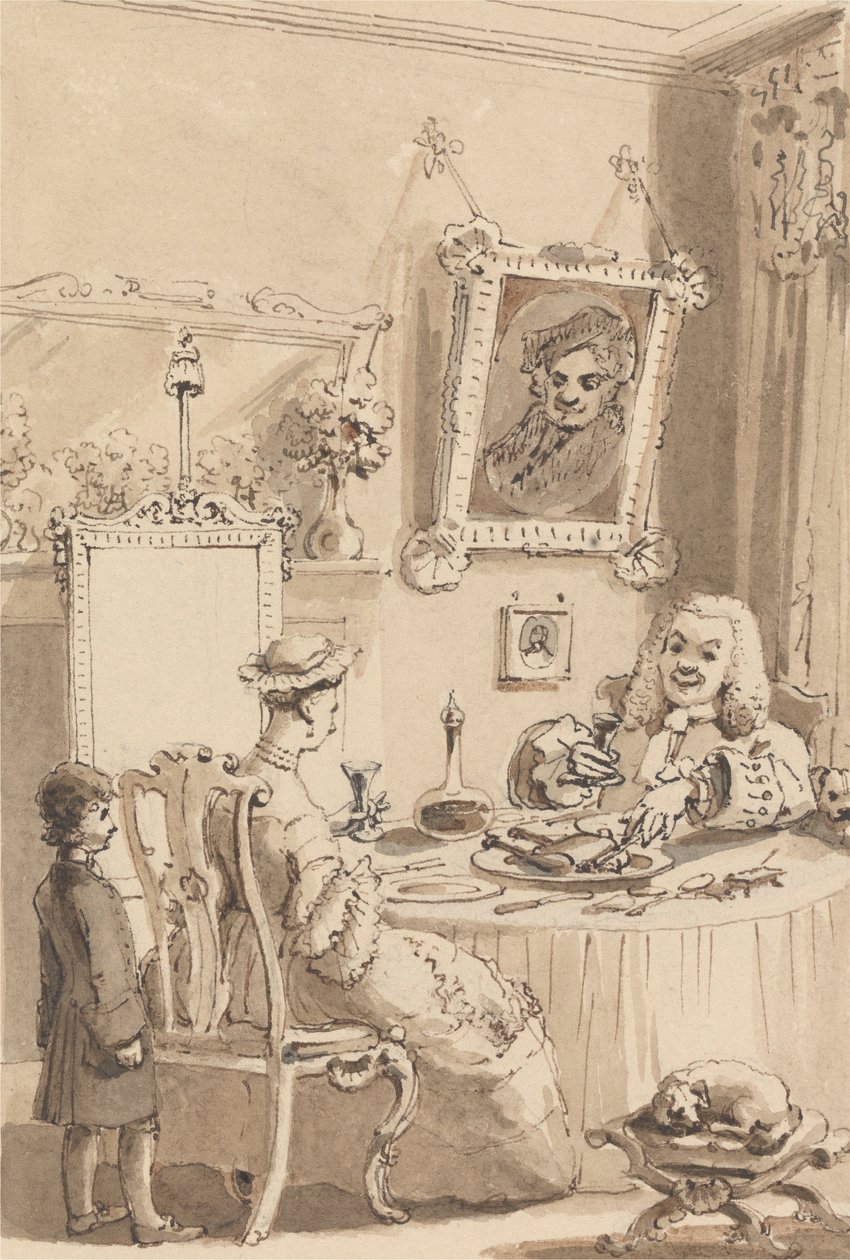 Hogarth a beber o primeiro copo de vinho com a sua mulher - Os seus cães mantêm distâncias respeitosas de John Thomas Smith