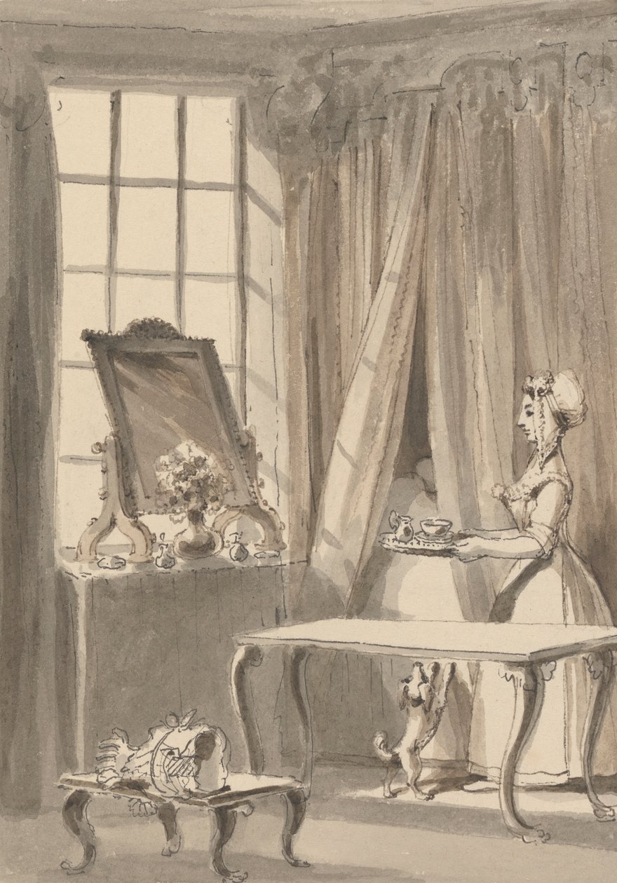 Hogarth fez o pequeno-almoço e envia uma chávena à sua esposa ao mesmo tempo ordenando que o cãozinho seja admitido no quarto da sua dona de John Thomas Smith