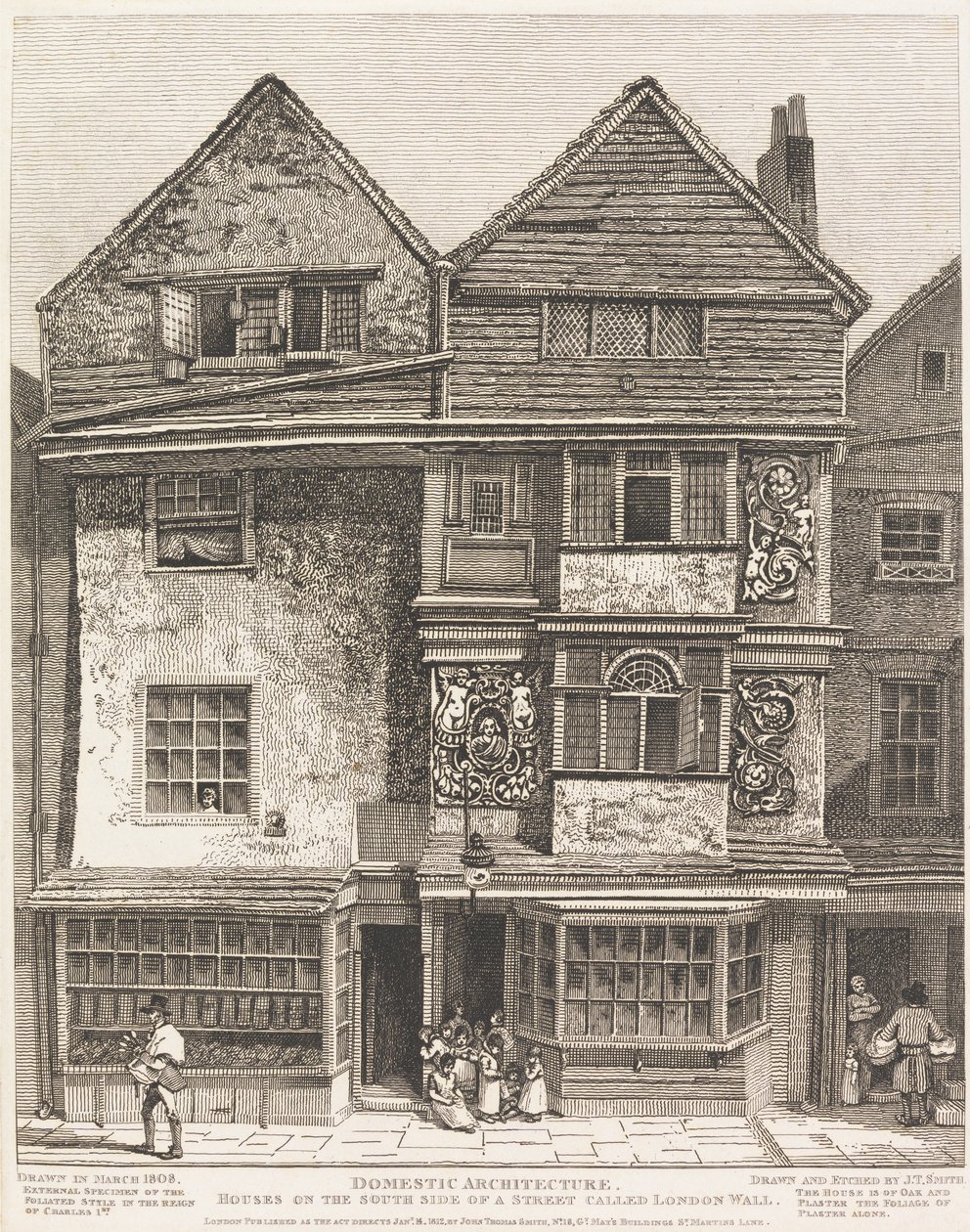 Casas no lado sul de uma rua chamada London Wall de John Thomas Smith