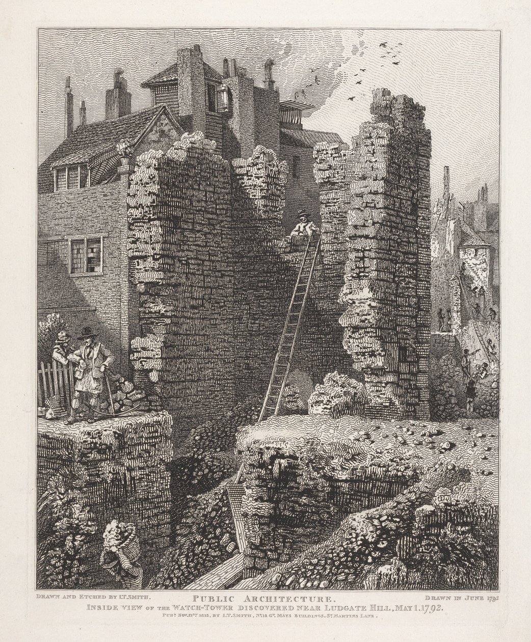 Vista interior da torre de vigia descoberta perto de Ludgate Hill, 1 de maio de 1792 de John Thomas Smith