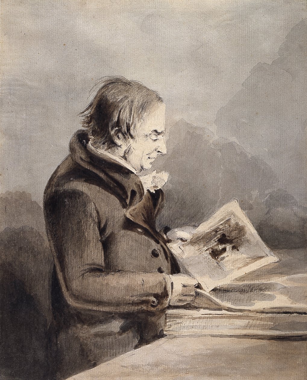 J.M.W. Turner In The British Museum (tinta castanha e cinzenta lava a lápis sobre papel branco) de John Thomas Smith