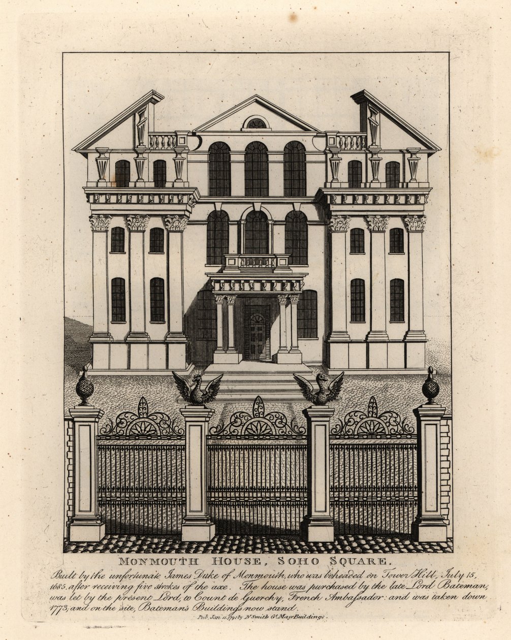 Casa Monmouth, Praça Soho, demolida em 1773 de John Thomas Smith