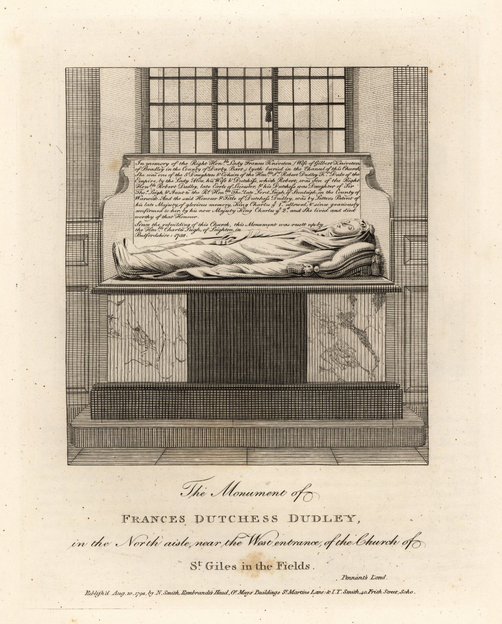 Monumento de Lady Frances Kniveton, Duquesa de Dudley, esposa de Sir Gilbert Kniveton, na igreja de St Giles in the Fields de John Thomas Smith