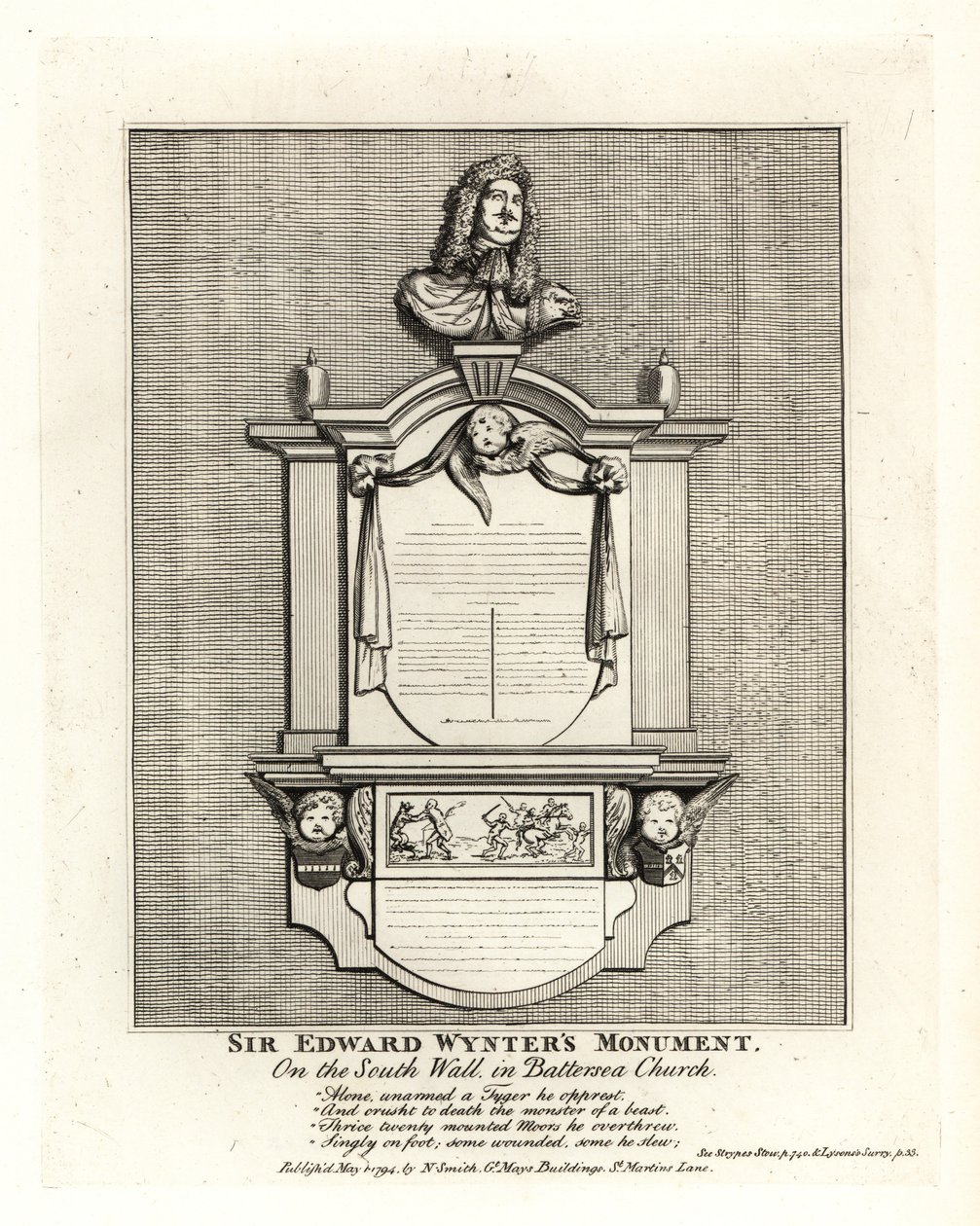 Monumento de Sir Edward Wynter, falecido em 1685, na parede sul da Igreja St Marys Church Battersea de John Thomas Smith