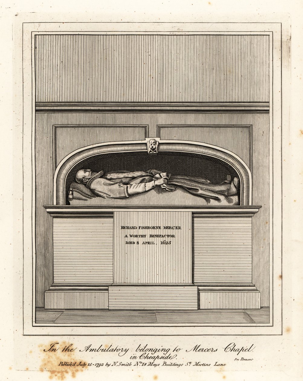 Monumento a Richard Fishbourne Mercer, falecido em 1625, no Ambulatório de Mercers Chapel, Cheapside de John Thomas Smith