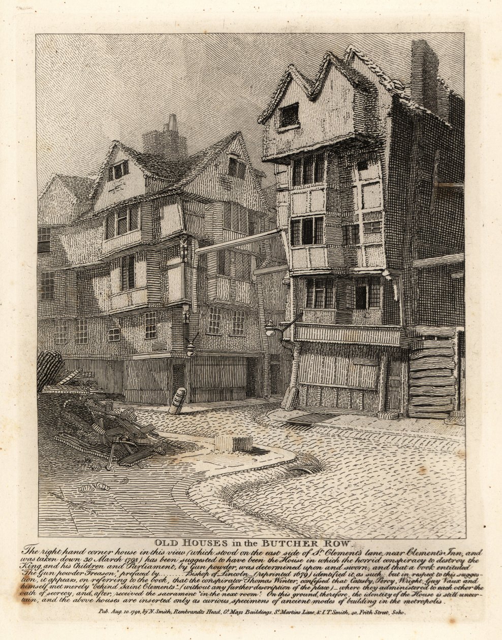 Casas antigas na Butcher Row, Londres A casa do canto direito na St Clements Lane utilizada pelos líderes da Gunpowder Plot de John Thomas Smith