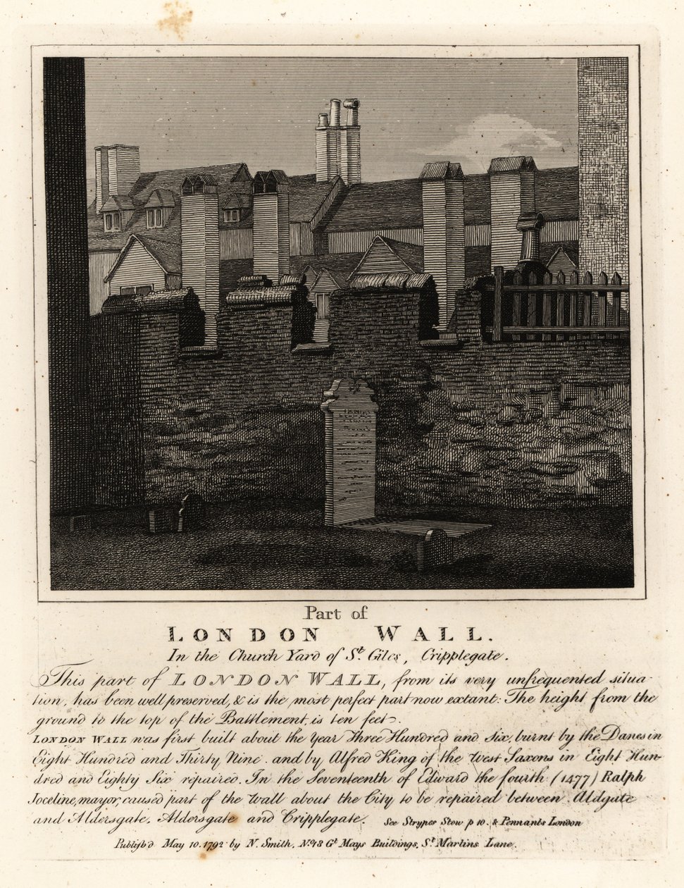 Parte da antiga Muralha de Londres no adro da igreja de St Giles, Cripplegate, Londres de John Thomas Smith