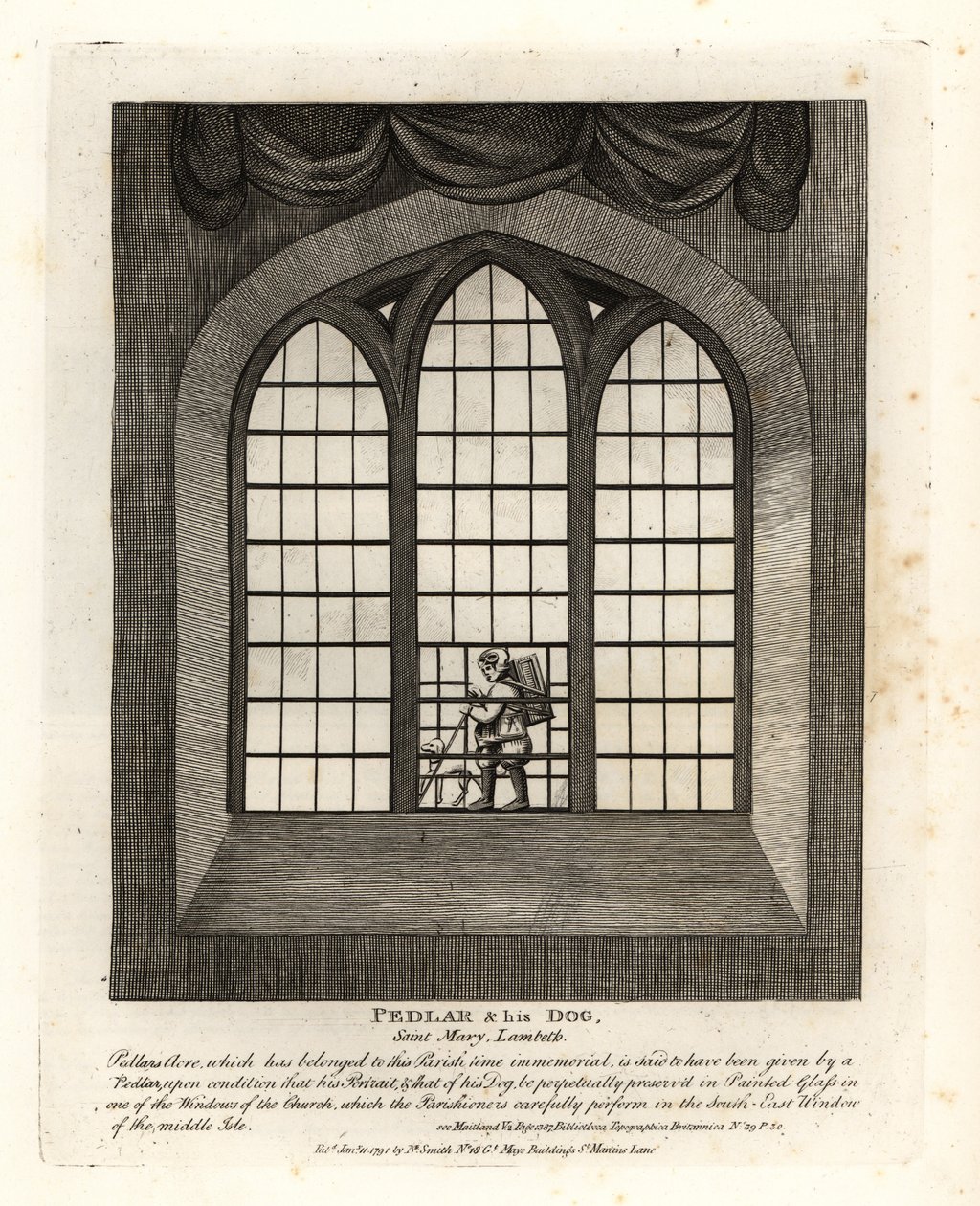 Pedlar e o seu cão no vitral da igreja de Saint Mary-at-Lambeth de John Thomas Smith