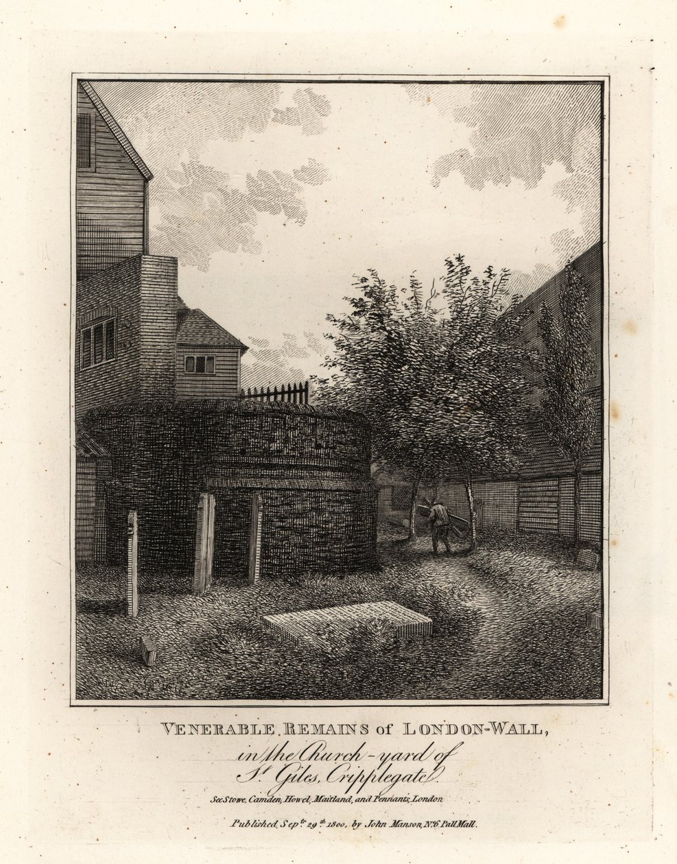 Restos da Muralha Romana de Londres no cemitério de St. Giles, Cripplegate de John Thomas Smith