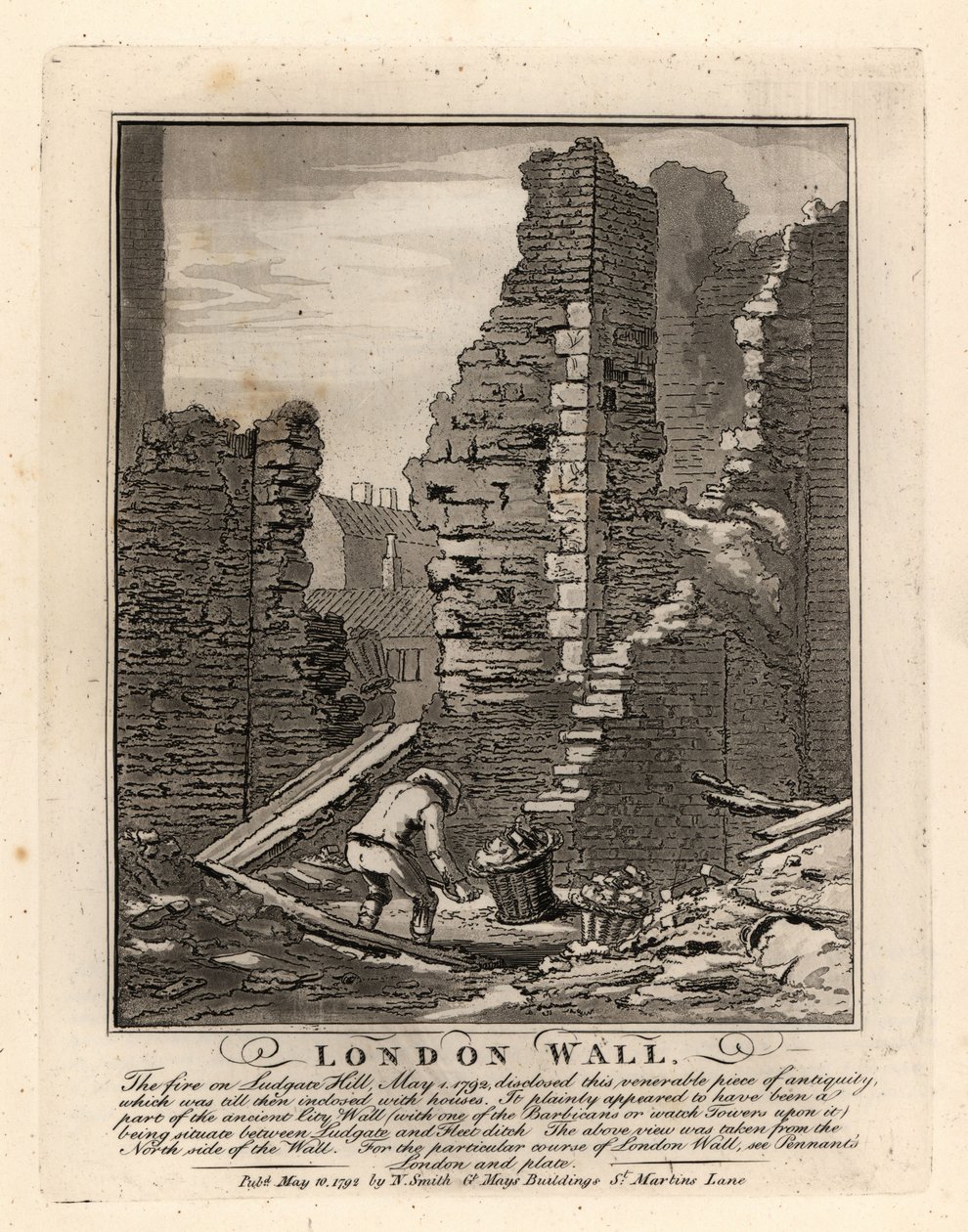 Ruínas da Muralha Romana de Londres expostas pelo incêndio de Maio de 1792 em Ludgate Hill de John Thomas Smith