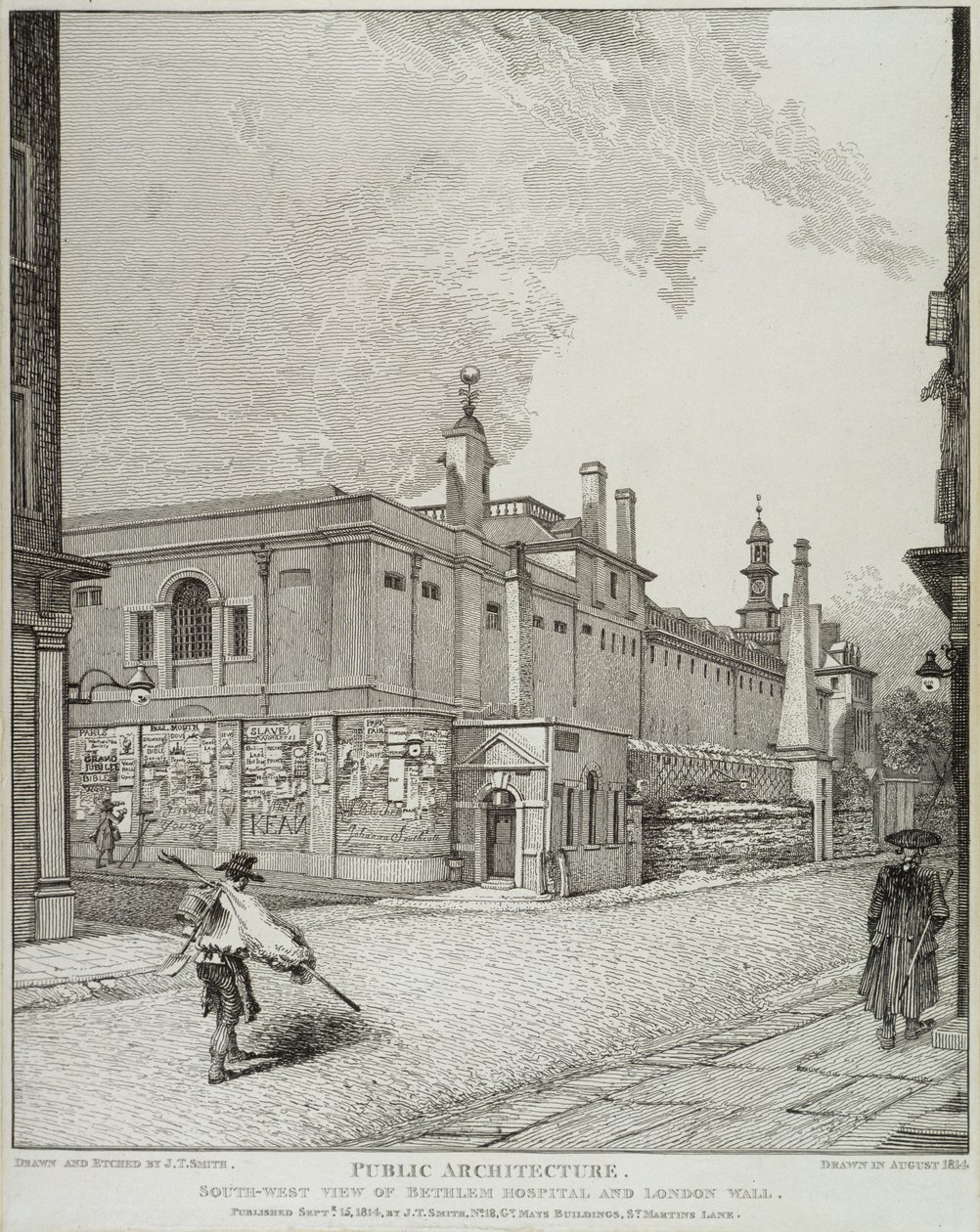 Sudoeste vista do Hospital Bethlem e Muro de Londres, 1814 de John Thomas Smith