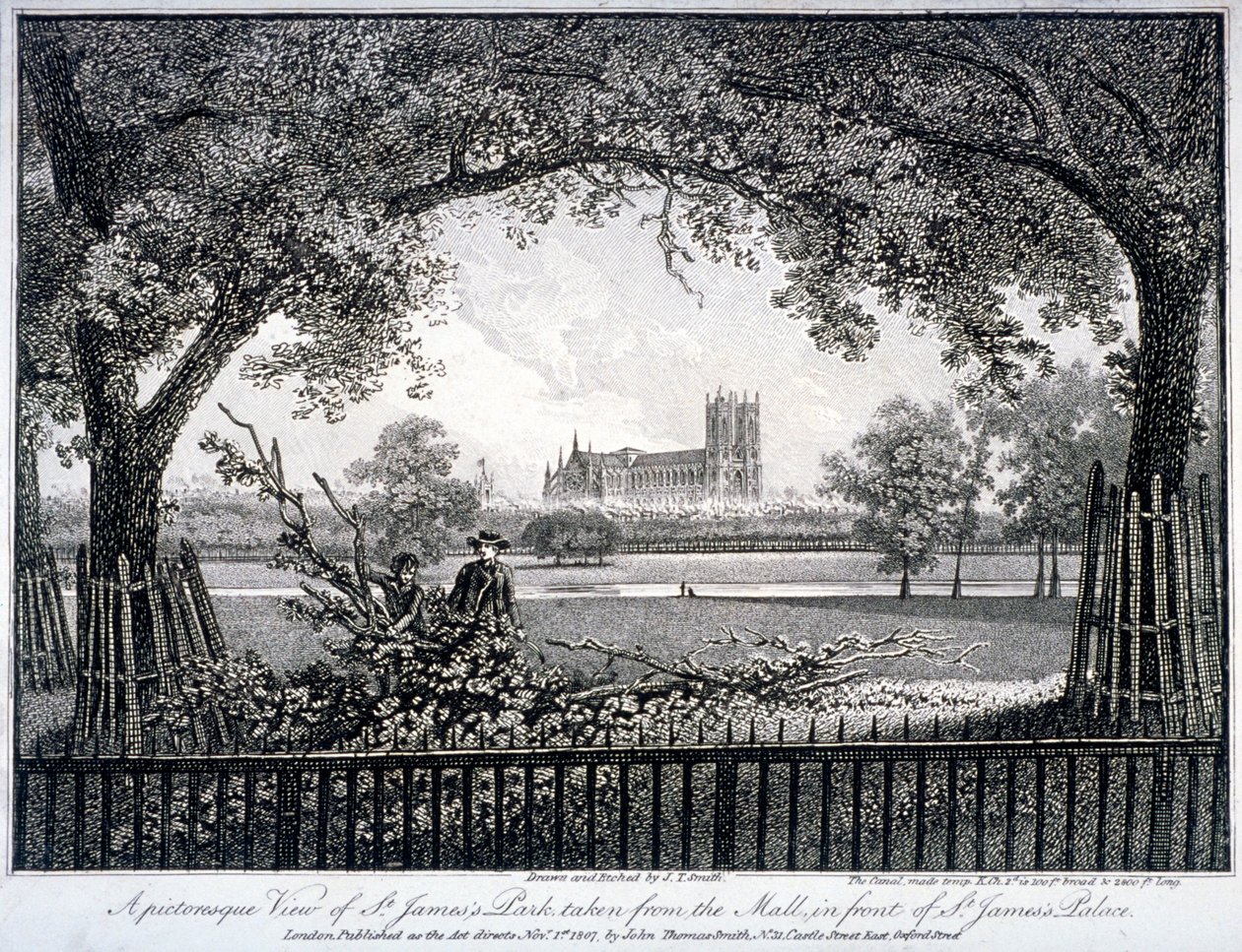 St James Park, do Mall em frente ao Palácio de St James, Westminster, Londres, 1807 de John Thomas Smith