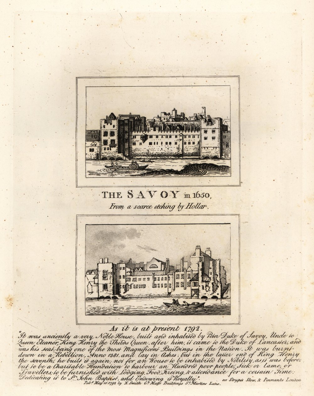 O Hospital Savoy em 1650 a partir de uma estampa de Wenceslaus Hollar e em ruínas em 1792 de John Thomas Smith