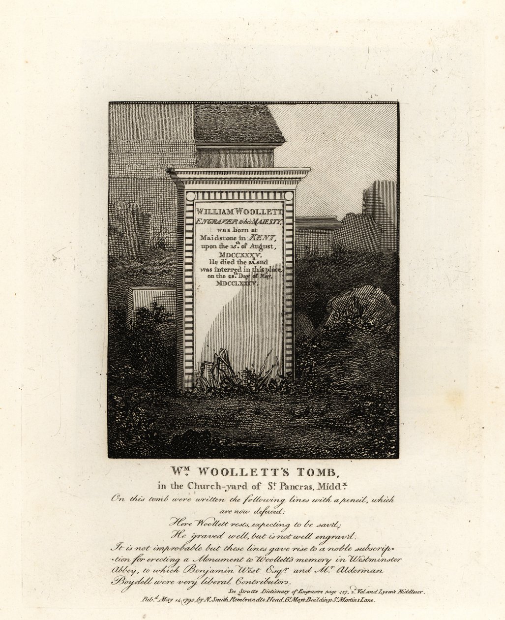 Túmulo do gravador real William Woollett, falecido em 1735, no adro de São Pancras, Middlesex de John Thomas Smith