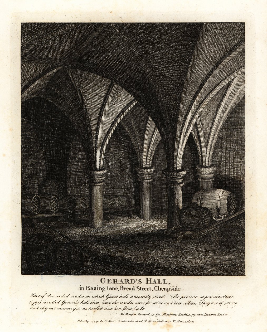 Abóbadas subterrâneas no Gerards Hall Inn em Basing Lane, Bread Street, Cheapside de John Thomas Smith