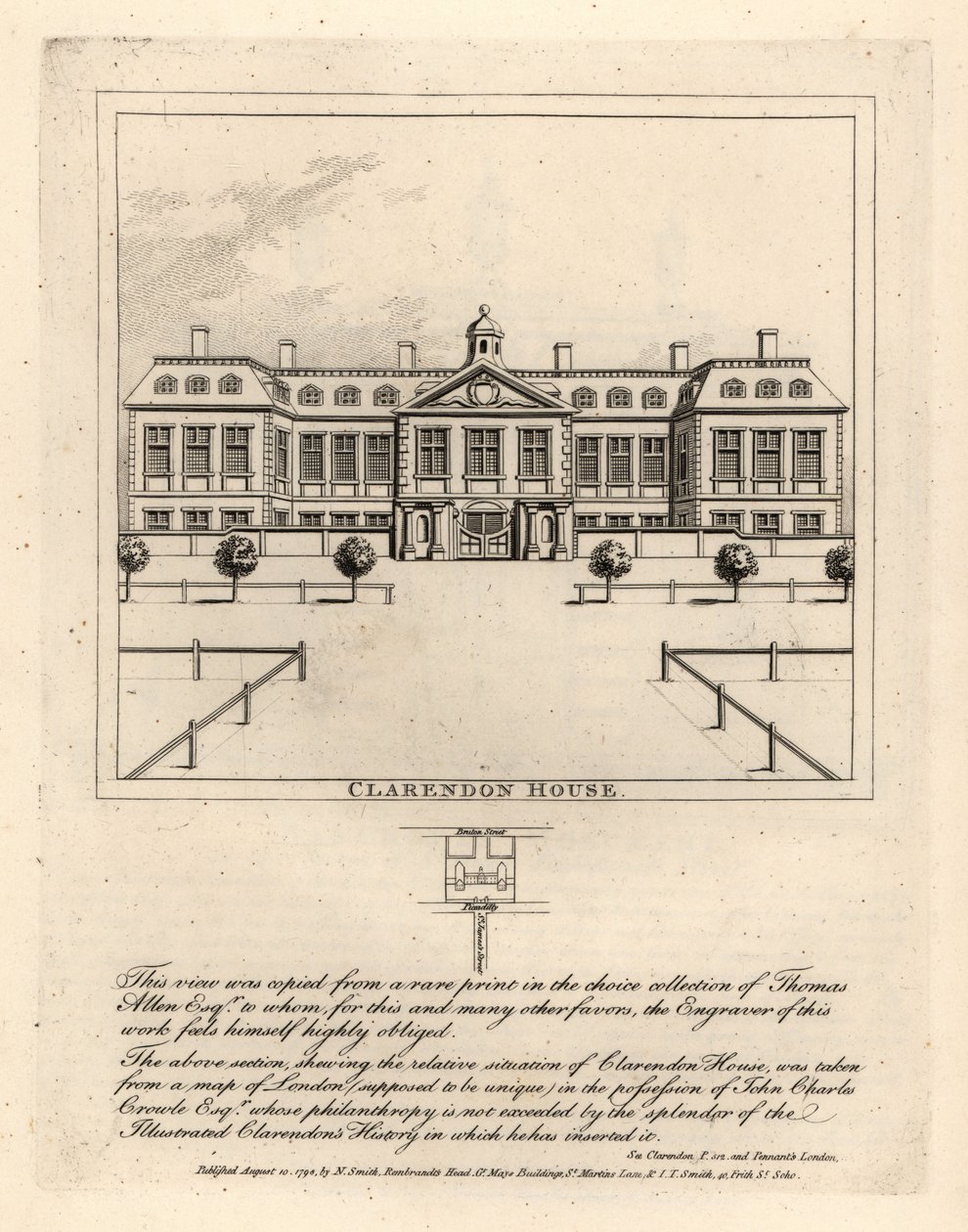 Vista da Clarendon House da St James Street, de uma estampa rara da coleção de Thmoas Allen de John Thomas Smith