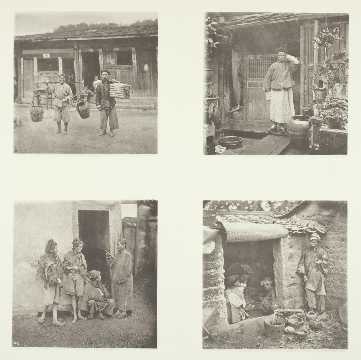 Foochow Coolies, um detetive Foochow, o chefe dos ladrões, mendigos vivendo em um tour, c. 1868. de John Thomson