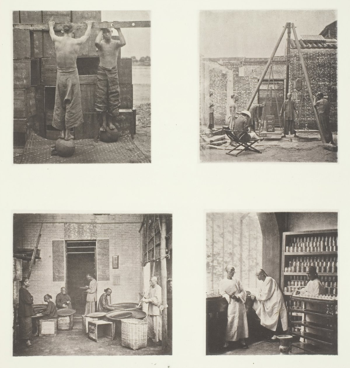 Rolling Scented Caper and Gunpowder Teas, Weighing Tea for Exportation, A Tea House..., c. 1868. de John Thomson