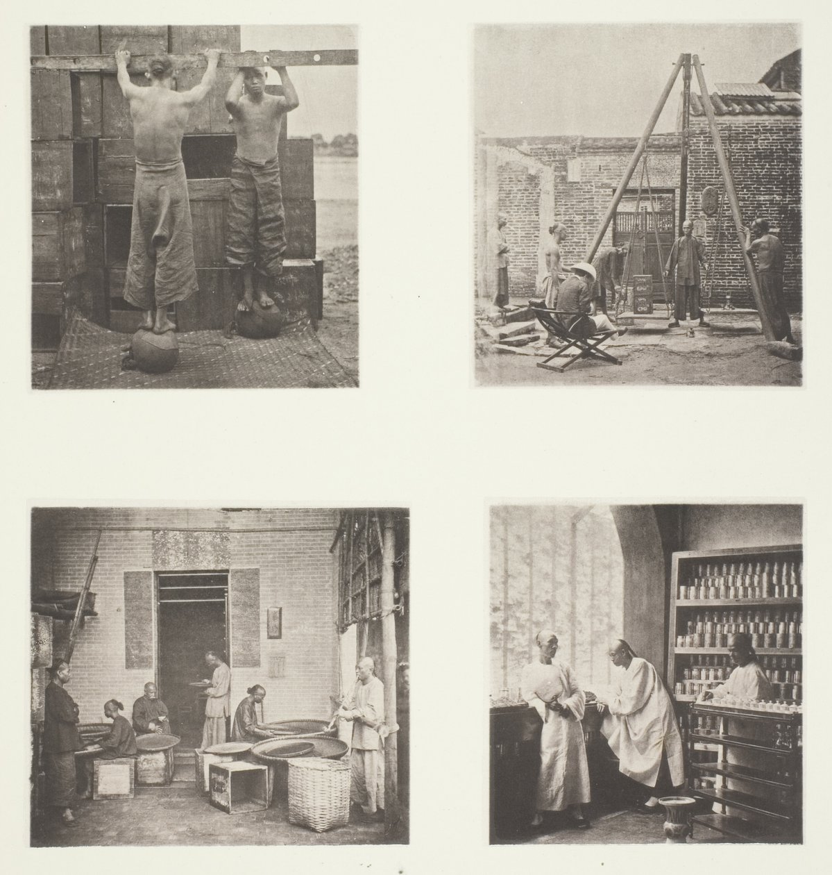 Enrolamento de chás perfumados de alcaparra e pólvora; Pesagem de chá para exportação; Uma casa de chá, em Cantão; Uma sala de provas de chá, em Cantão de John Thomson