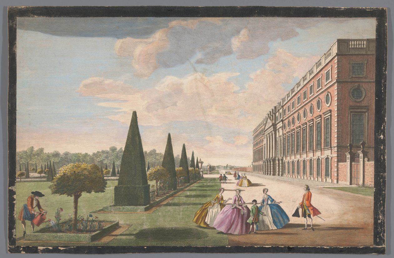Gezicht op Hampton Court Palace te Londen gezien vanaf de oostzijde
Uma vista oblíqua da frente oriental de Hampton Court, com a longa caminhada e parte do jardim (título sobre o objecto) de John Tinney