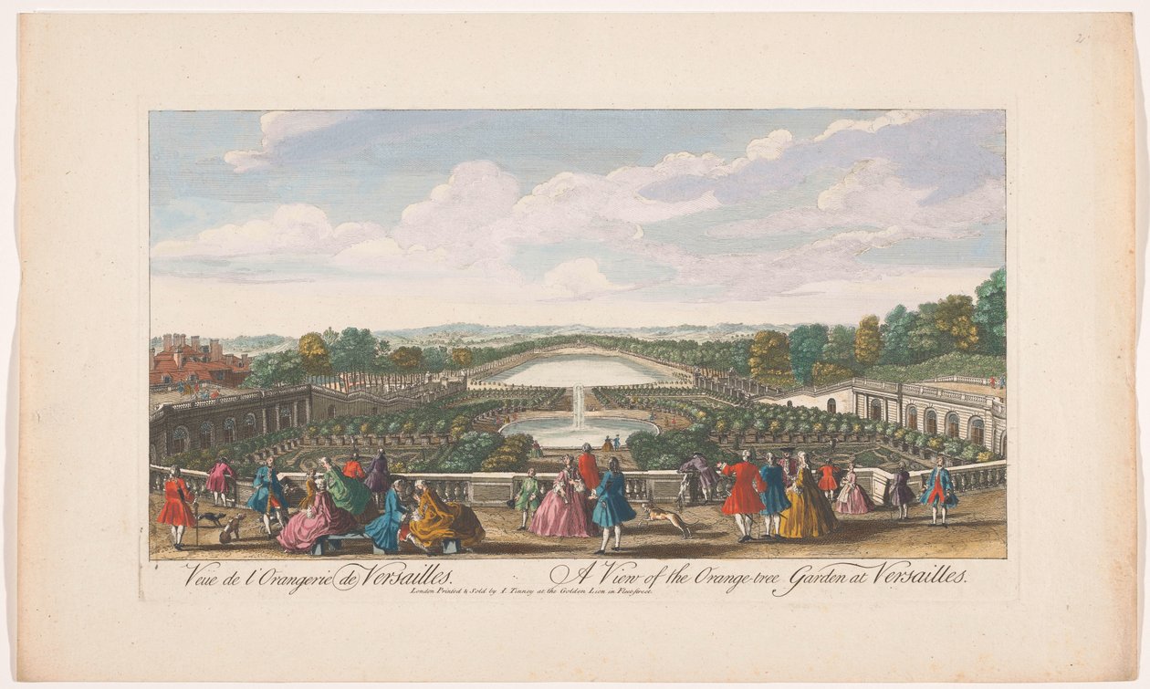 Vista das laranjeiras em frente à Orangerie do Palácio de Versalhes Uma vista do jardim de laranjeiras em Versalhes (título no objeto) de John Tinney