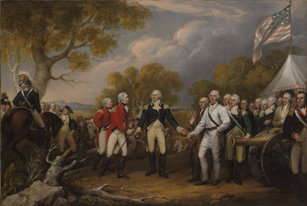 Batalha de Saratoga, o general britânico John Burgoyne se rende ao general americano Horatio Gates, 17 de outubro de 1777, c.1822-32 de John Trumbull