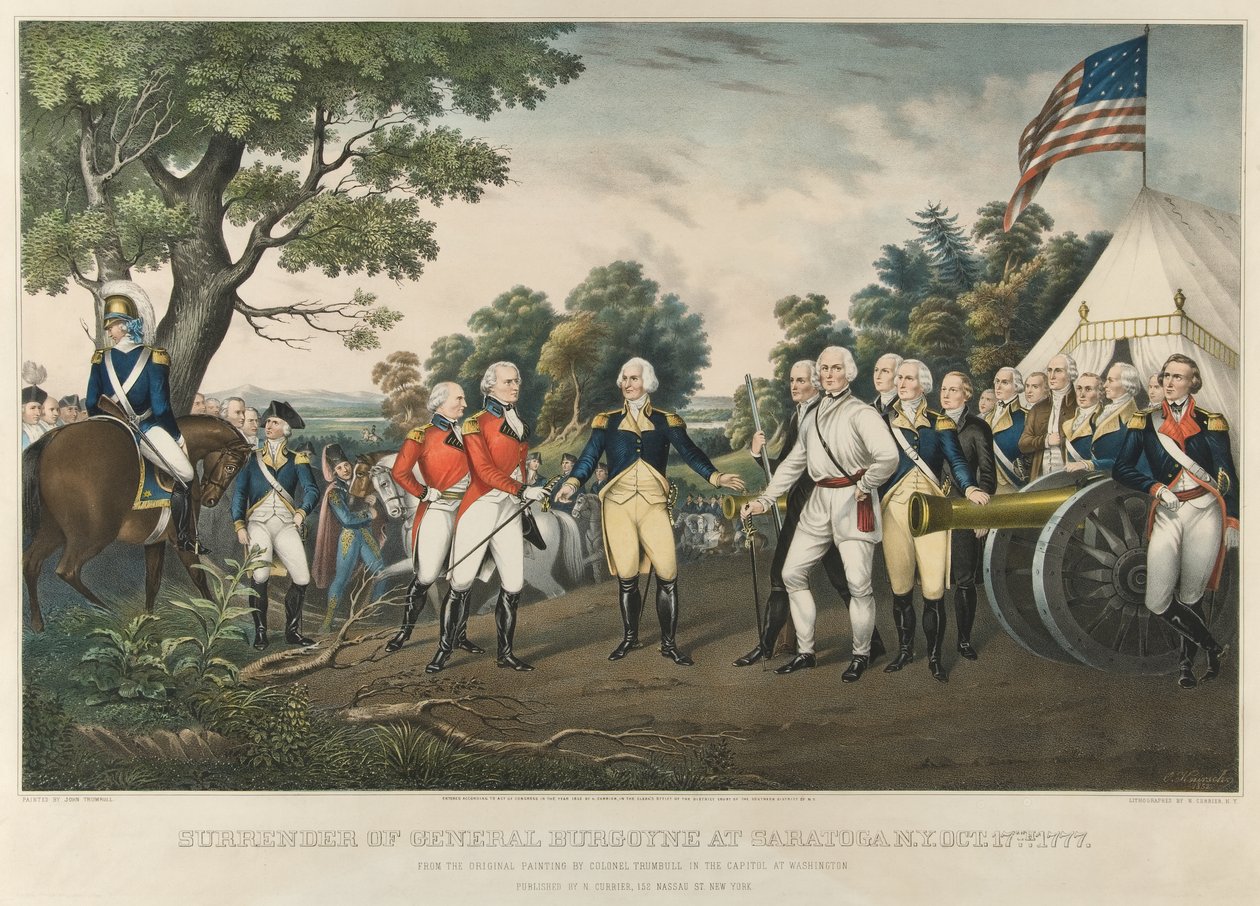 Rendição do general Burgoyne em Saratoga, NY, 17 de outubro de 1777, pub. 1852 de John Trumbull