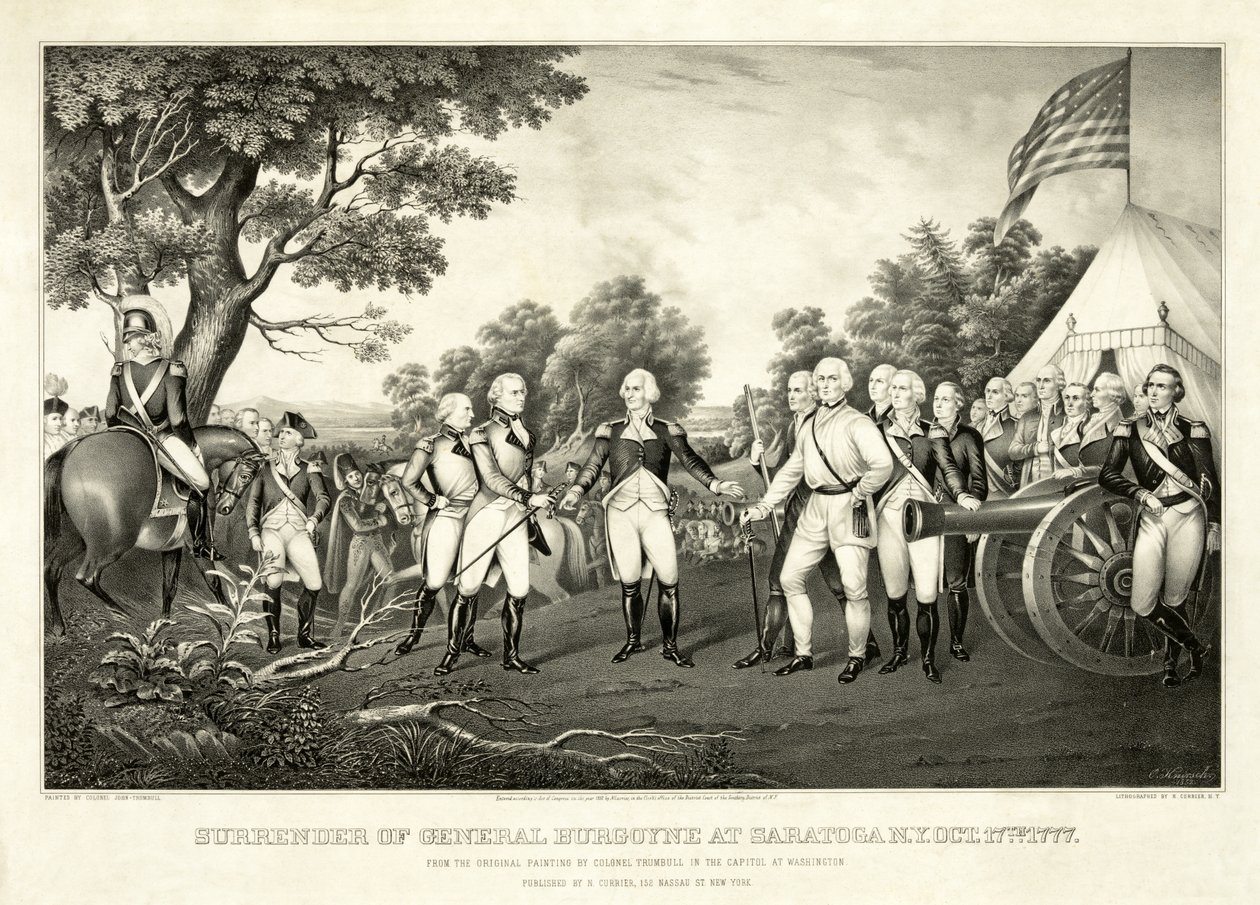 Rendição do General Burgoyne em Saratoga, N.Y., 17 de outubro de 1777, pub. N. Currier de John Trumbull