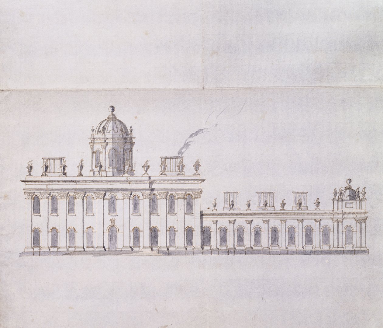 Castle Howard, Yorkshire: Um esboço a lápis esquemático mostrando o desenvolvimento das asas do pátio, c.1699 (caneta e tinta marrom e aguada cinza) de John Vanbrugh