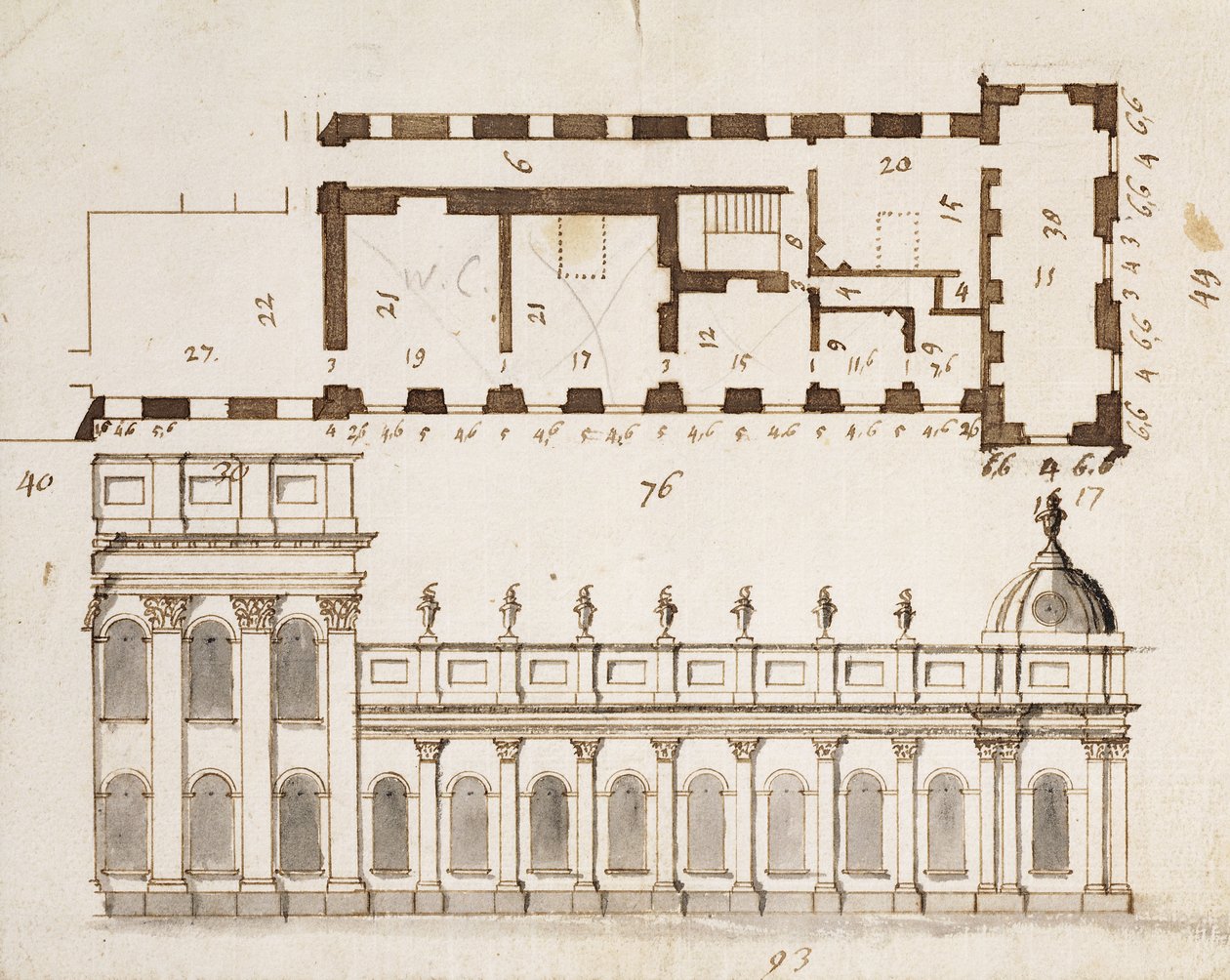 Castle Howard, Yorkshire: Um Projeto Inicial para as três Baías da Elevação do Sul ou Frente Jardim e nove alas laterais inferiores de um andar com uma Inserção da Planta, c.1699 (caneta de John Vanbrugh