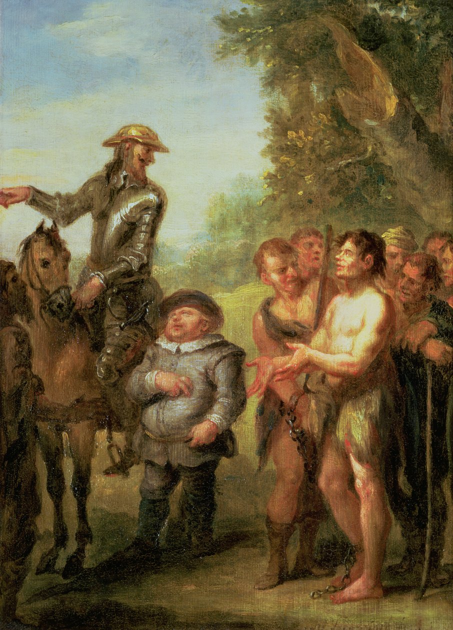 Dom Quixote liberta os escravos da cozinha, de Cervantes Don Quixote (painel) de John Vanderbanck
