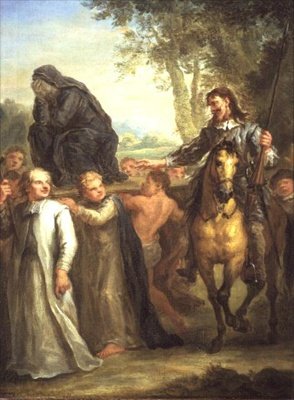 Dom Quixote erra uma estátua da Virgem Maria, sendo levada em procissão, como uma mulher levada contra a sua vontade, do "Dom Quixote" de Cervantes (painel) de John Vanderbanck