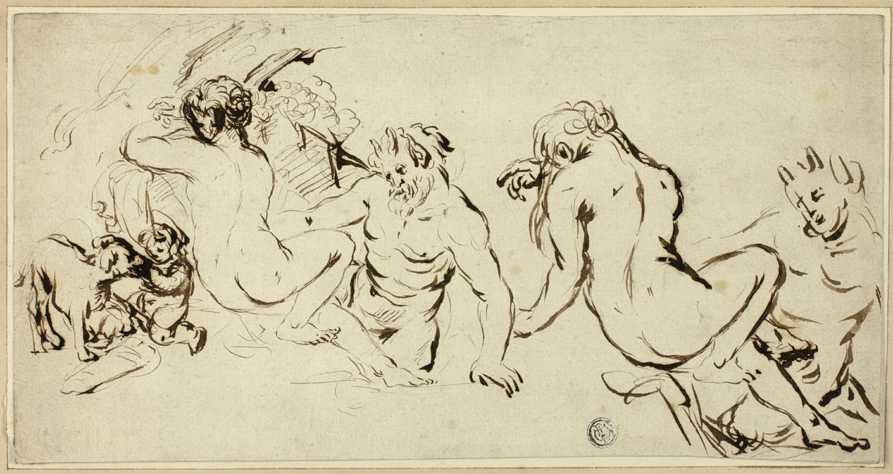 Esboços de ninfa, sátiro e putto de John Vanderbank
