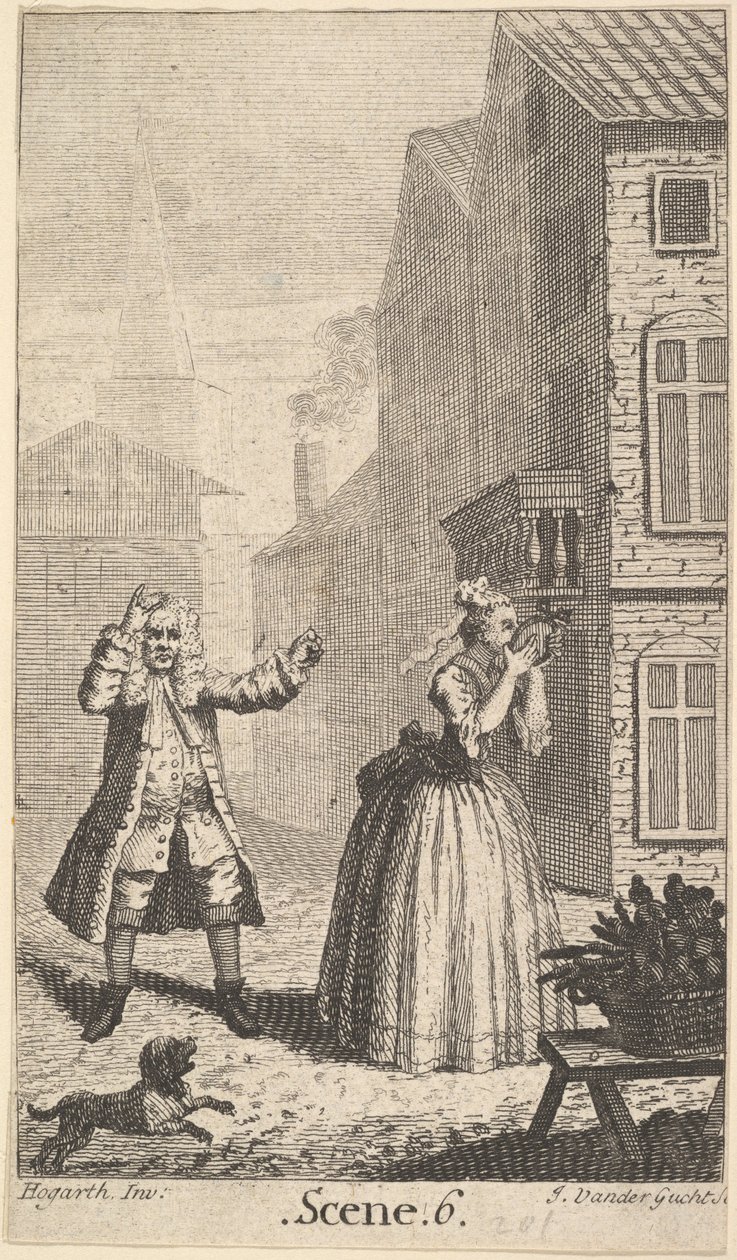 Frontispício de Sganarelle, ou le Cocu Imaginaire, de Molière, O Corno Imaginário, ca. 1732. de John Vandergucht
