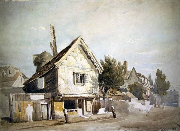 Uma rua com casas antigas, um moinho de vento além (aquarela sobre papel) de John Varley