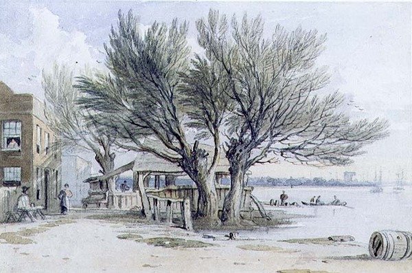 Edifícios e Árvores Pollardadas nas margens do Tamisa, Millbank (aguarela, lápis, caneta e tinta) de John Varley