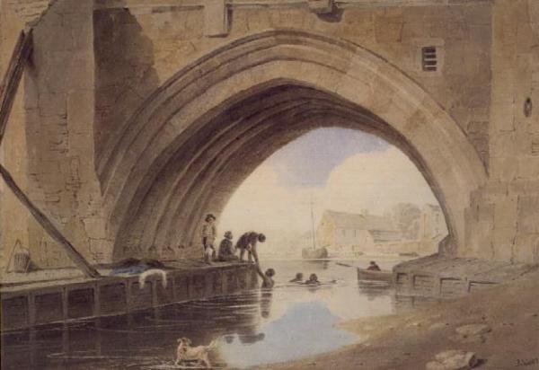 Crianças a nadar debaixo da Ponte Ouse em York de John Varley