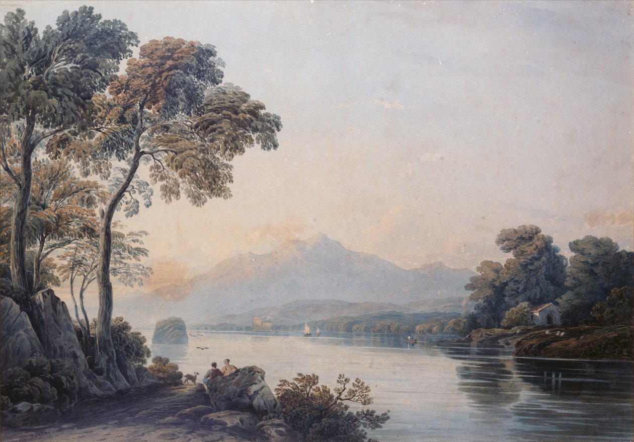 Figuras com um cachorro nas margens do lago Killarney (aquarela) de John Varley