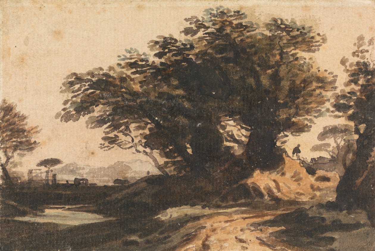 Paisagem com um torrão de árvores perto de uma estrada e um riacho de John Varley